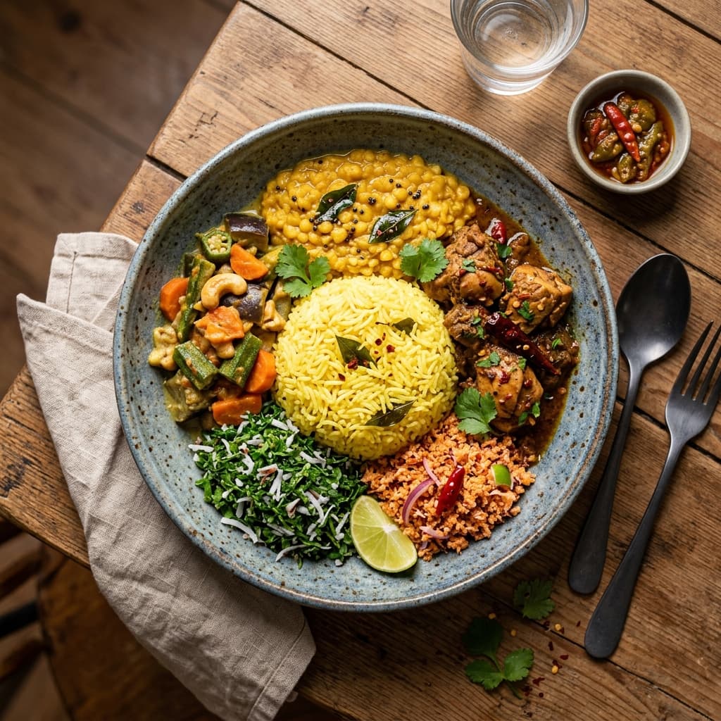 35 Cafe signature Sri Lankan curry rice plate with turmeric rice, dhal, and sambols
