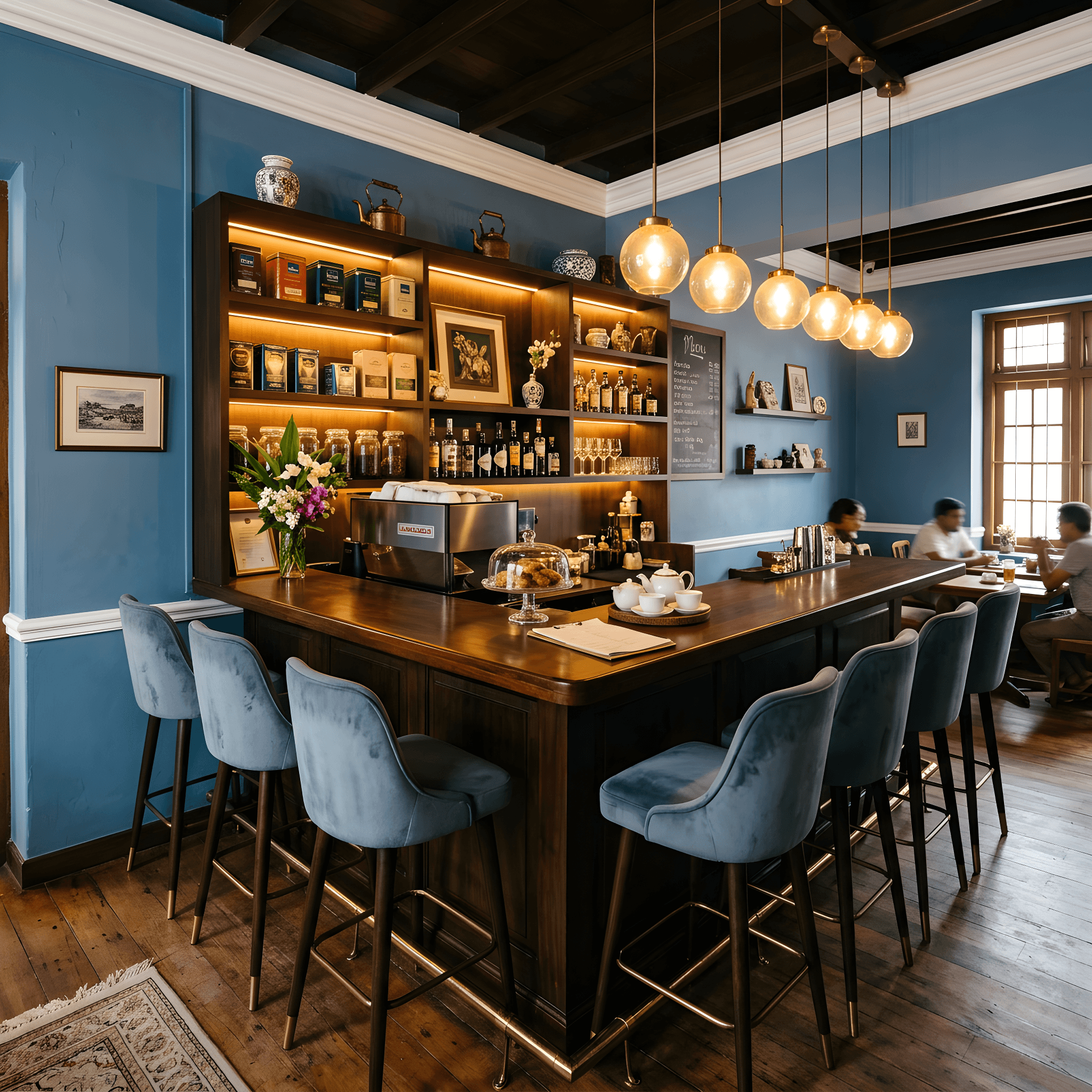 The cozy 35 Cafe interior with blue walls, warm pendant lights, and elegant bar seating
