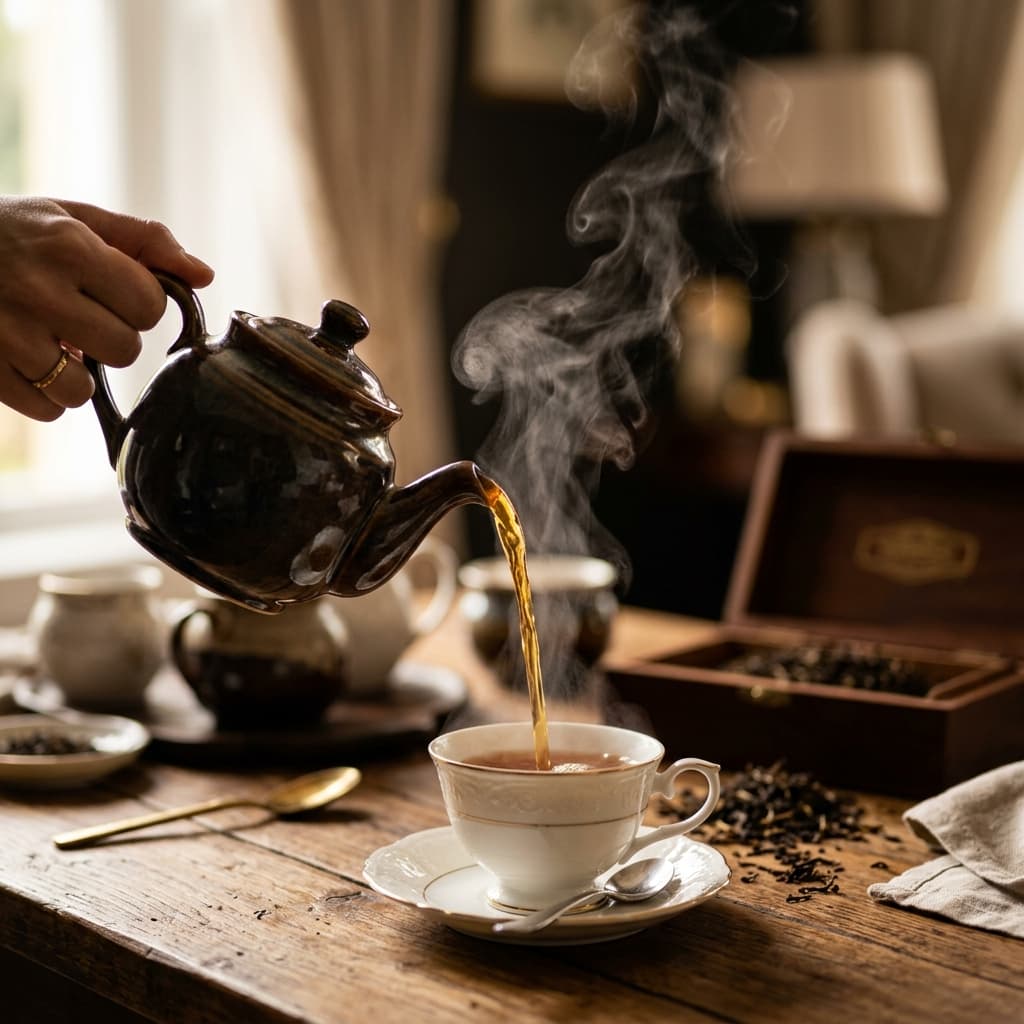 Premium Ceylon tea being poured into a fine porcelain cup