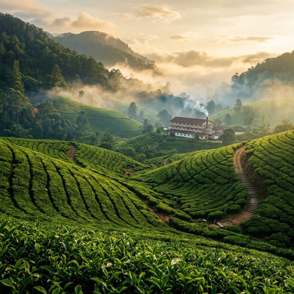 Lush green tea plantation on a misty Sri Lankan hillside