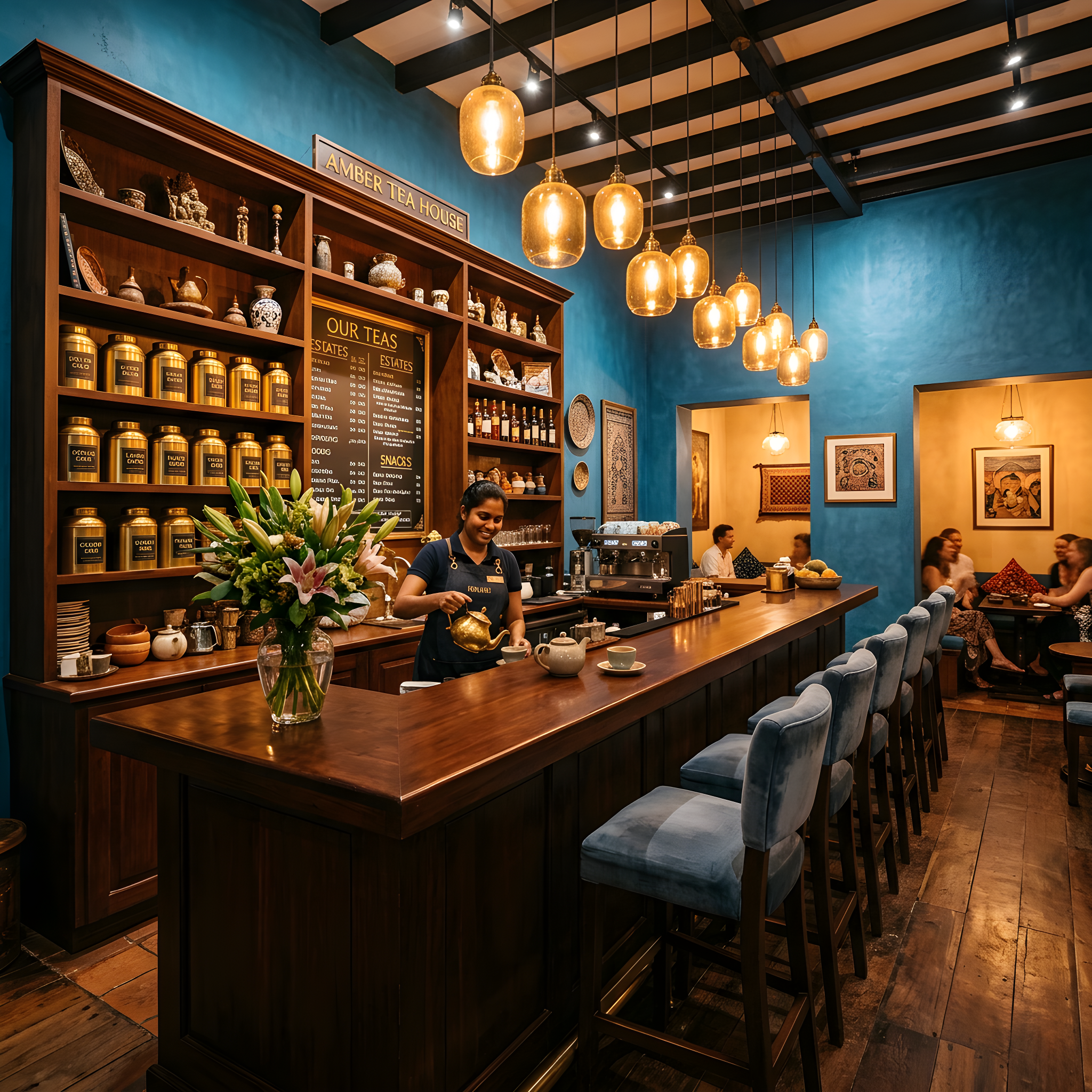 The warm, inviting interior of 35 Cafe with blue walls and ambient lighting